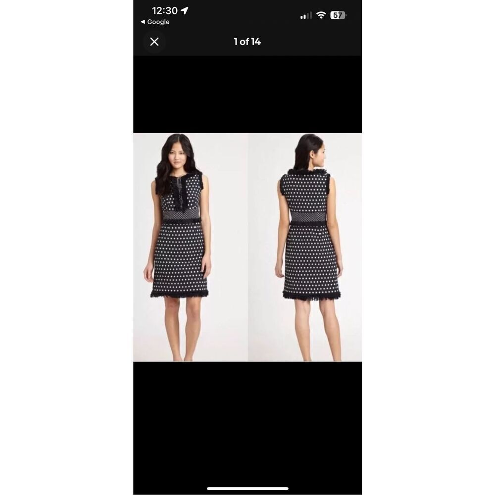 Tory Burch Navy Blue Evelyn Polka Dot Jacquard Sheath Dress Size 4 Fringe
